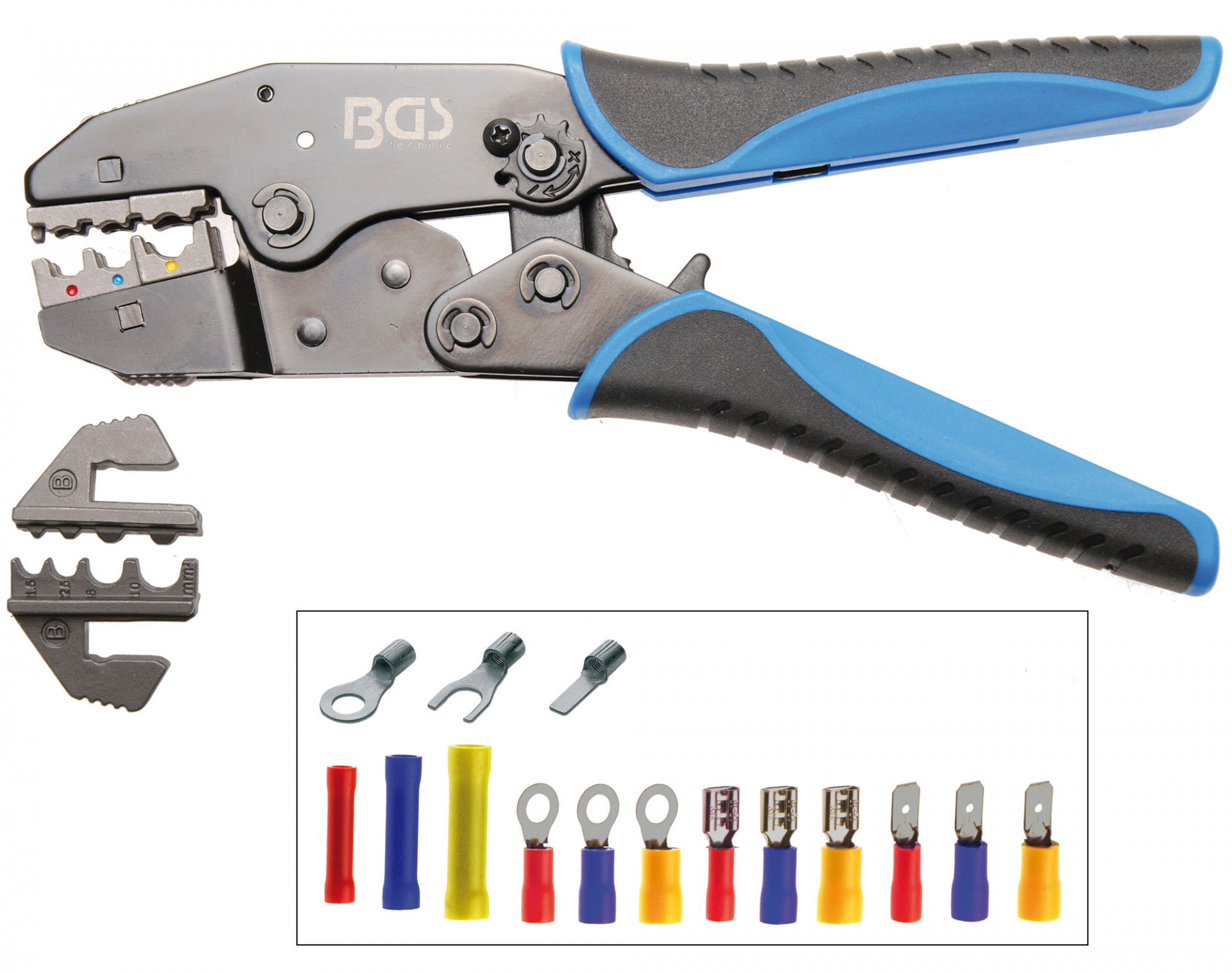 BGS Technic 9-1412 racsnis saruzó fogó szigetelt és szigeteletlen sarukhoz, DIN 0.5-10 mm2 + cserélhető pofák termék fő termékképe