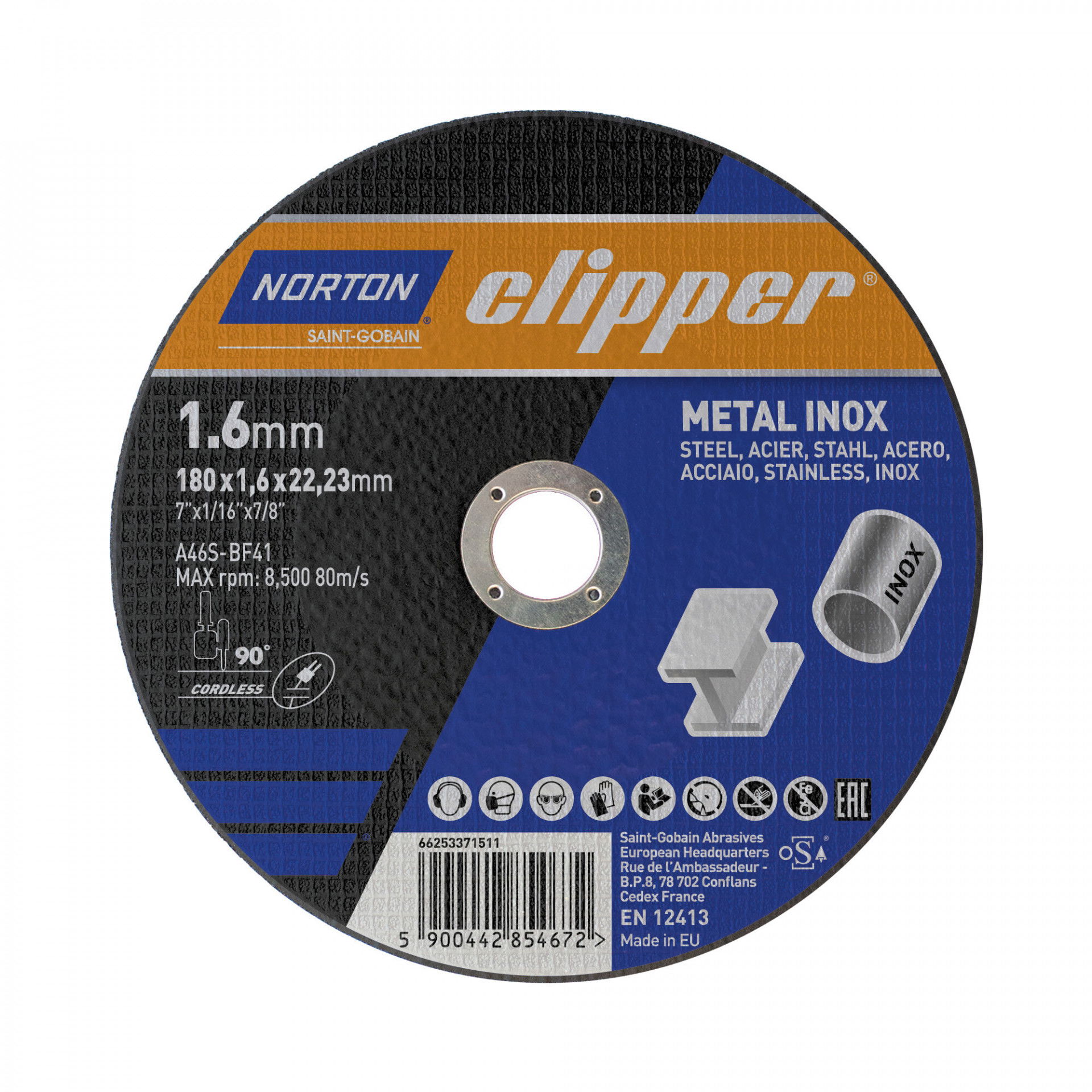 Norton Clipper fém-inox vágókorong 180x1,6x22,23mm A46S, 25 db/csomag termék fő termékképe