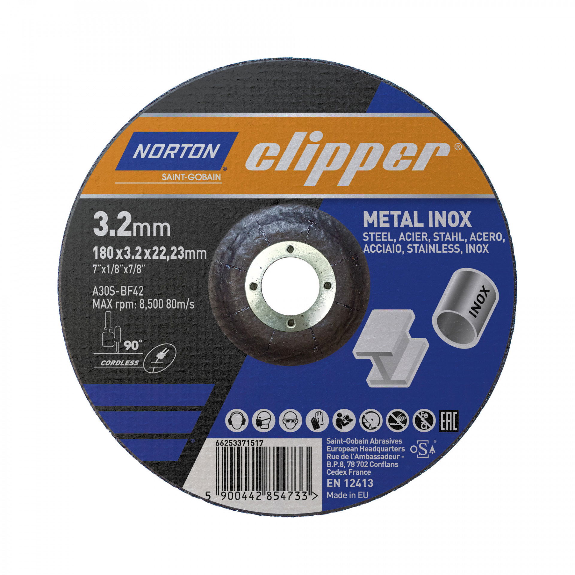 Norton Clipper fém-inox vágókorong 180x3,2x22,23mm A30S, 25 db/csomag termék fő termékképe