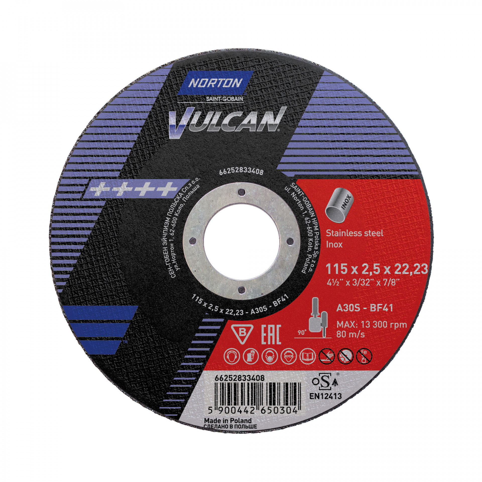 Norton Vulcan inox vágókorong 115x2,5x22,23mm A30S, 25 db/csomag termék fő termékképe